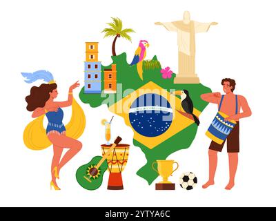 Reisen Sie nach Brasilien, Infografik-Poster-Collage mit Landkarte und Flagge, Mann mit Trommel und Frau Samba-Tänzer auf brasilianischem Karneval, Statue von Jesus und altes Gebäude, Papageienteppich-Vektor-Illustration Stock Vektor