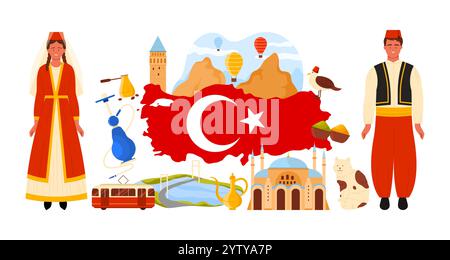 Reisen Sie in die Türkei, kulturelle Elemente und berühmte Architektur für eine touristische Tour in Infografik-Collage. Türkisches Volk, Kappadokien Landschaft mit Felsen und Ballons, Tram Cartoon Vektor Illustration Stock Vektor