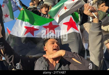 Syrer feiern den Untergang und das Ende der Herrschaft der Assad-Familie über ein halbes Jahrhundert im Nahen Osten in Istanbul, Türkei, am 8. Dezember 2024. (CTK-Foto Stockfoto