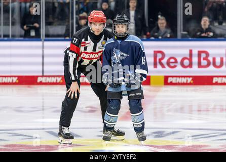 Hauptschiedsrichter Kilian Hinterdobler mit Puckkind Charlotte von den Speckers Dachau. GER, EHC Red Bull München vs. ERC Ingolstadt, Eishockey, DEL, 24. Spieltag, Saison 2024/2025, 08.12.2024. Foto: Eibner-Pressefoto/Heike Feiner Stockfoto