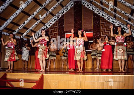 Whakarewarewa, ein lebendiges Maori-Dorf auf der Nordinsel Neuseelands und Heimat der Tūhourangi Ngāti Wāhiao. Archivfoto aus dem Jahr 1991. Maori-Leute, die ihr traditionelles Lied und ihren Tanz für die Touristen vorführen Stockfoto