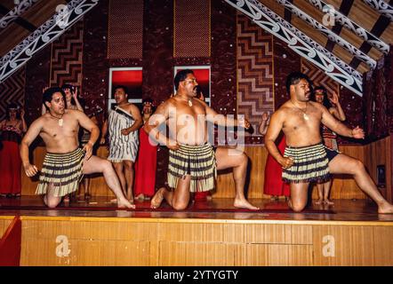 Whakarewarewa, ein lebendiges Maori-Dorf auf der Nordinsel Neuseelands und Heimat der Tūhourangi Ngāti Wāhiao. Archivfoto aus dem Jahr 1991. Maori-Leute, die ihr traditionelles Lied und ihren Tanz für die Touristen vorführen Stockfoto