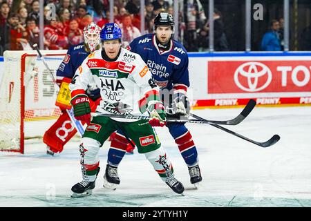 Deutschland. Dezember 2024. Eishockey Penny-DEL 24.Spieltag Koelner Haie - Augsburger Panther am 08.12.2024 in der Lanxess Arena in Köln T.J. Trevelyan ( Augsburg ), links - Veli-Matti Vittasmaeki ( Köln ), rechts Gemaess den Vorgaben der DEL Deutsche Eishockey Liga ist die Publikation und Weiterverwertung der Aufnahmen in elektronischen Medien und Endgeraeten aller Art waehrend des laufenden Spiele nicht zulaessig. Foto: Revierfoto Credit: ddp Media GmbH/Alamy Live News Stockfoto