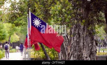 Die Flagge Taiwans winkt inmitten grüner Bäume in einem Park, was ein Gefühl der Ruhe und des Nationalstolzes weckt. Stockfoto