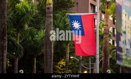 Taiwans Flagge winkt auf einem Pol, umgeben von üppig grünen Blättern, symbolisiert Nationalstolz inmitten der Natur. Stockfoto