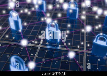 Ein digitales Netzwerk mit leuchtenden Vorhängeschlössern, die Cybersicherheit und Datenschutz symbolisieren. 3D-Rendering Stockfoto