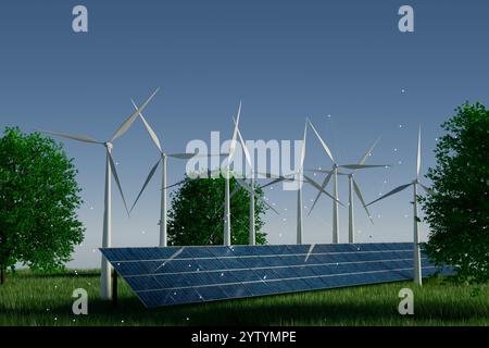 Erneuerbare Energien mit Windturbinen und Solarpaneelen unter klarem blauen Himmel. 3D-Rendering Stockfoto