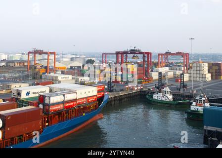 Weitwinkelansicht von Portalkranen, die schwere Frachtcontainer vom Schiff zum Kai transportieren, unter Verwendung der Lo-Lo-Anlage im Hafen von Dublin in Irland. Stockfoto