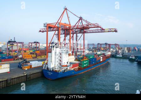 Weitwinkelansicht von Portalkranen, die schwere Frachtcontainer vom Schiff zum Kai transportieren, unter Verwendung der Lo-Lo-Anlage im Hafen von Dublin in Irland. Stockfoto