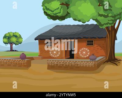 Indisches Dorf altes Haus Wohnbereich mit dem Haus. Indisches Bauernhaus. Stock Vektor