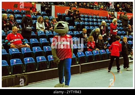 HSV Handball vs. SC DHfK Leipzig, Aufwärmtraining mit dem Hamburger Maskottchen, Alsterdorfer Sporthalle, Hamburg Stockfoto