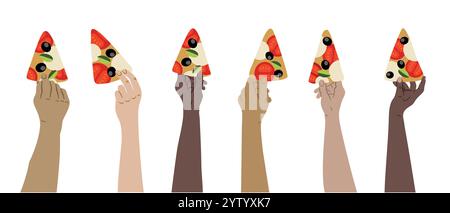 Hände, die Pizzascheiben halten. Finger halten, italienische Fast-Food-Stücke nehmen. Hände der verschiedenen Farbe flache Vektor Illustration Set isoliert auf weiß Stock Vektor