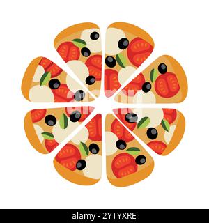 Acht Scheiben Pizza-Symbol. Italienische Fastfood flache Vektor-Illustration. Pizza mit Mozzarella, Oliven, Tomaten und Basilikum Stock Vektor