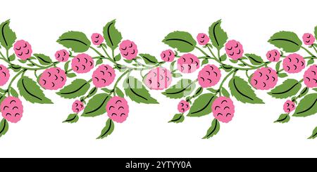 Nahtloses Muster mit Zierrand aus roten Beeren. Himbeere mit Früchten und Blättern wiederholen Vektor-Illustration für Banner, Postkarten, Flyer, Tapeten f Stock Vektor