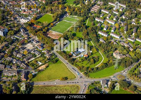 Aus der Vogelperspektive, Dorotheen Kampfbahn Fußballstadion RWS Lohberg, zum Fischerbusch, Wohngebiet Vogelnamensiedlung zwischen Marienstraße an Stockfoto