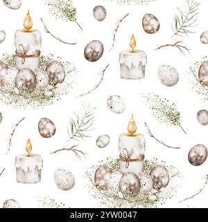 Nahtloses Ostermuster mit eleganter Aquarellkunst. Handgezeichnete Frühlingskomposition mit Eiern, Zweigen und Dekorationen für festliche Designs. Stockfoto