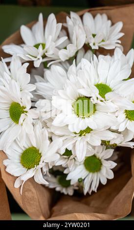 Ein Blumenstrauß mit weißen Blumen mit grünen Zentralen. Die Blumen sind in einer braunen Papiertüte angeordnet Stockfoto