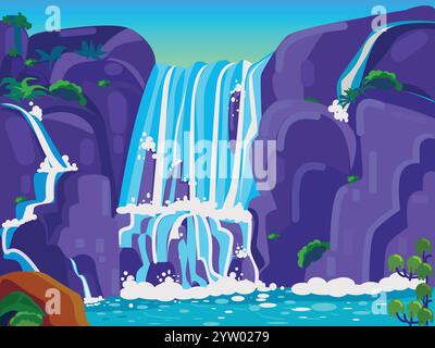 Wasserfall von der Klippe, Wasserfall im grünen Dschungel-Regenwald Stock Vektor