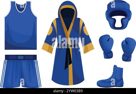 Vektorsatz der Boxausrüstung. Helm, Uniform, Handschuhe. Stock Vektor