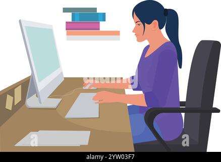 Konzeptdesign für die Arbeit zu Hause. Freischaffende Frau, die an einem Laptop arbeitet, in Heimkleidung gekleidet. Die Online-Studie, Bildung. Stock Vektor