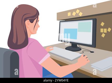 Konzeptdesign für die Arbeit zu Hause. Freischaffende Frau, die an einem Laptop arbeitet, in Heimkleidung gekleidet. Die Online-Studie, Bildung. Stock Vektor
