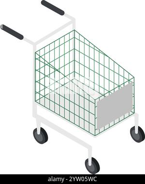 Isometrische Ansicht mit einem leeren Einkaufswagen mit grünem Metallkorb, schwarzen Griffen und Rädern, bereit für ein bevorstehendes Einkaufserlebnis Stock Vektor