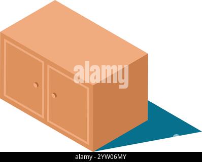 Isometrische Vektorillustration mit einem Holzschrank mit geschlossenen Türen, der einen deutlichen Schatten auf den Boden wirft, geeignet für Innenarchitektur oder Möbelprojekte Stock Vektor