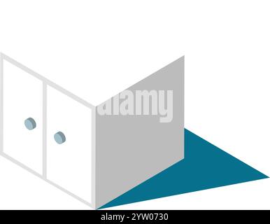 Minimalistische isometrische Illustration mit einem weißen Schrank mit geschlossenen Türen, der einen markanten Schatten auf einem blaugrünen Boden wirft und moderne Innenarchitektur oder Aufbewahrungslösungen repräsentiert Stock Vektor