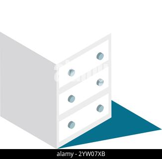 Minimalistisch weiße Kommode mit hellblauen Knöpfen, die einen blauen Schatten auf dem blauen Boden bilden, schaffen eine einfache, aber stilvolle isometrische Komposition Stock Vektor