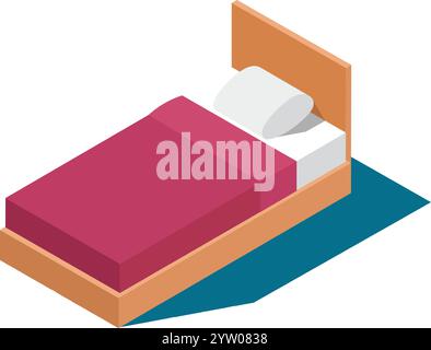 Komfortables Einzelbett mit rosafarbener Decke und weißem Kissen auf blauem Teppich mit isometrischer Sicht, perfekt für Innenarchitektur, Architektur und Wohnkultur Projekte Stock Vektor