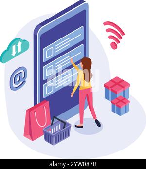 Online-Shopping-Konzept, bei dem eine Frau Artikel auf einer Checkliste auswählt, die auf einem großen Smartphone angezeigt wird, mit Einkaufssymbolen und Geschenkboxen, die E-Commerce und -Kauf symbolisieren Stock Vektor