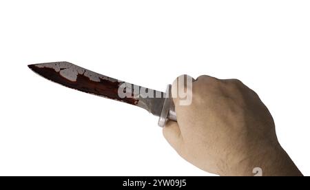 Messer mit Blut in der Hand eines Mannes. Drohung mit Messer. Mann greift mit dem Messer an. Verbrechen, Gewalt. Selektiver Fokus. Verschwommenes Gesicht. Hochwertige Fotos Stockfoto