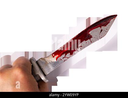 Messer mit Blut in der Hand eines Mannes. Drohung mit Messer. Mann greift mit dem Messer an. Verbrechen, Gewalt. Selektiver Fokus. Verschwommenes Gesicht. Hochwertige Fotos Stockfoto