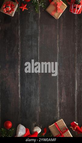 Vertikaler rustikaler dunkler Holztisch mit schwarzbrauner Textur, Geschenke oben und unten angeordnet, mit einem zentralen leeren Platz für Text Stockfoto