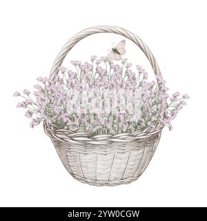 Weißer, grauer leerer Korb. Hochwertige IllustrationFür das Sammeln von Pilzen, Pflanzen, Gemüse, Früchten, Blumen. Es wird im Garten, auf dem Bauernhof verwendet. Osterdekor. Zum Transportieren von Produkten Stockfoto