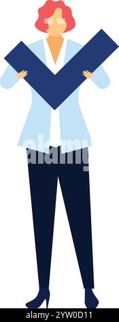 Geschäftsfrau, die Brillen und formelle Kleidung trägt, hält ein großes blaues Häkchen für Zustimmung, Zustimmung, Erfolg und Bestätigung Stock Vektor