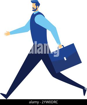 Geschäftsmann mit Bart und Aktenkoffer, der zur Arbeit oder zu wichtigen Besprechungen läuft, Seitenansicht des eiligen Büromitarbeiters, schnelles und dynamisches Geschäftskonzept Stock Vektor