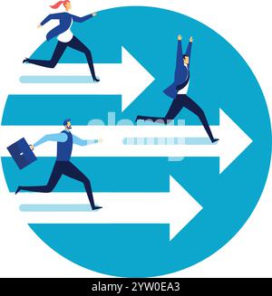 Geschäftsmänner und Geschäftsfrauen laufen auf weißen Pfeilen über einem blauen Kreis in verschiedenen Richtungen, die unterschiedliche Karrierewege, Wahlmöglichkeiten und Chancen in Wirtschaft und Arbeit darstellen Stock Vektor