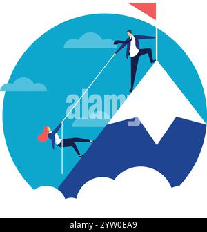 Geschäftsmann streckt der Geschäftsfrau helfend die Hand, zieht sie mit einem Seil in den Berg, symbolisiert Teamarbeit, Unterstützung und gemeinsamen Erfolg Stock Vektor