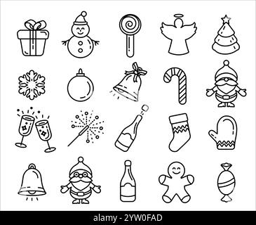 Dünne Weihnachtssymbole. Symbole mit schwarzer Linie auf weißem Hintergrund. Stock Vektor