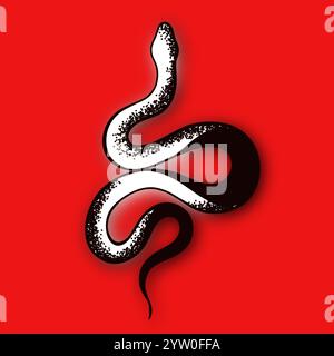 Tätowierungsschlange auf rotem Hintergrund. Traditionelle schwarze Tinte mit Punktmuster. Traditionelle Tattoo Old School Tattoo-Tinte. Illustration der Schlangensilhouette. Stockfoto