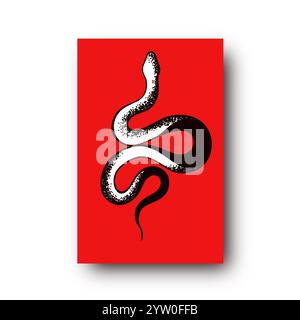 Tätowierungsschlange auf rotem Hintergrund. Traditionelle schwarze Tinte mit Punktmuster. Traditionelle Tattoo Old School Tattoo-Tinte. Illustration der Schlangensilhouette. Stockfoto