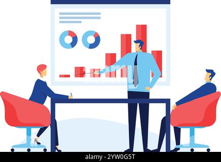 Geschäftsteam analysiert Finanzdiagramme und Diagramme, die das Unternehmenswachstum während eines Meetings zeigen, und der Sprecher zeigt auf ein Balkendiagramm, um die Datenvisualisierung zu erklären Stock Vektor