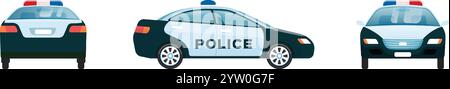 Polizeiauto mit blinkenden Lichtern auf dem Dach patrouilliert durch die Straßen der Stadt, um die öffentliche Sicherheit zu gewährleisten und auf Notfälle zu reagieren, von vorne, von der Seite und von hinten gesehen Stock Vektor