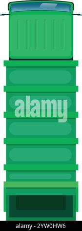 Umweltfreundlicher Müllwagen, der Abfälle aus getrennten Müllcontainern sammelt, hebt die Bedeutung des Recyclings hervor und fördert eine verantwortungsvolle Abfallbewirtschaftung in städtischen Gebieten für eine sauberere Umwelt Stock Vektor