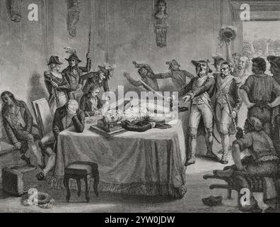Maximilien Robespierre (1758-1794). Französischer Schriftsteller, Anwalt und Politiker. Einer der Führer der Französischen Revolution. Am frühen Morgen des 10. Thermidor (28. Juli) drangen Soldaten der Konvention in die Hôtel de Ville in Paris ein, wo Robespierre ein Dekret unterzeichnete, das die Kommune zu Waffen aufrief. Als er die Ankunft der Truppen hörte, beging Le Bas Selbstmord mit einer Pistole. Robespierre hatte angeblich versucht, dasselbe zu tun, aber die Kugel zerschlug seinen Kiefer und ließ ihn schwer verwundet zurück. Um 9 Uhr wurden Robespierre, Saint-Just und Couthon vor das Revolutionsgericht gebracht, das Th verurteilte Stockfoto