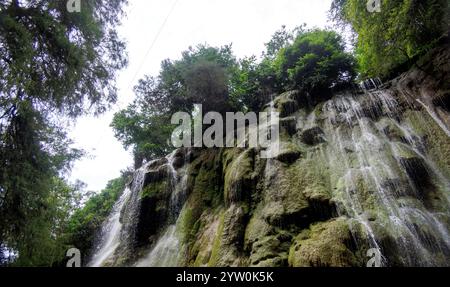 Ein atemberaubender Wasserfall fließt dramatisch über eine zerklüftete Klippe, mit Wasser in den natürlichen Pool darunter. Umgeben von lebhaftem Laub Stockfoto