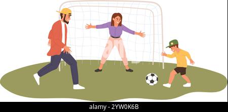 Vater und Mutter spielen mit ihrem Sohn in einem sonnigen Park Fußball, genießen lustige Momente und trainieren gemeinsam in der Nähe des Tores und schaffen fröhliche Erinnerungen als Familie Stock Vektor