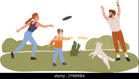 Familie genießt eine gute gemeinsame Zeit, spielt mit ihrem Hund Frisbee in einem üppigen grünen Park, fördert starke Beziehungen und fördert aktiven Outdoor-Spaß an sonnigen Tagen Stock Vektor