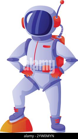 Cartoon-Illustration eines Astronauten mit Raumanzug und Sauerstoffrucksack, der auf der marsoberfläche steht und mit Händen auf Hüften posiert, was Selbstvertrauen und Entschlossenheit in der Weltraumforschung zeigt Stock Vektor
